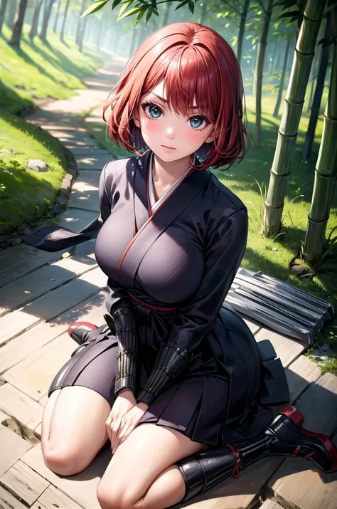 (masterpiece, best quality, detailed), 1girl, solo, blkwidow, looking at viewer,
(samurai), japanese armor, kusazuri, sode, kote, sheath, japanese clothes, hakama, outdoors, bamboo forest, nature, wariza, hand between legs, from above, closed mouth, v-shaped eyebrows
