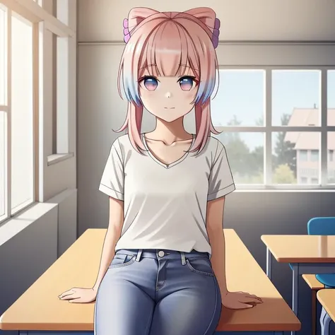 <lora:sangonomiya_kokomi:0.6> 1girl, sangonomiya_kokomi, white t-shirt, jeans, in the classroom, windows, desktops, pink hair