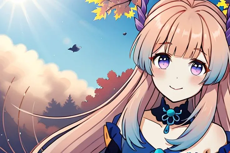 <lora:sangonomiya_kokomi:0.7> 1girl, sangonomiya_kokomi, autumn, sunshine, trees, best quality, 8k, gender smile, long hair, half body, looking away