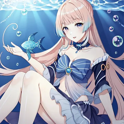 <lora:sangonomiya_kokomi:0.6> 1girl, sangonomiya_kokomi, long legs, blue water, many bubbles, fantastic, fairy,Seashells,detailed face,highly detailed
