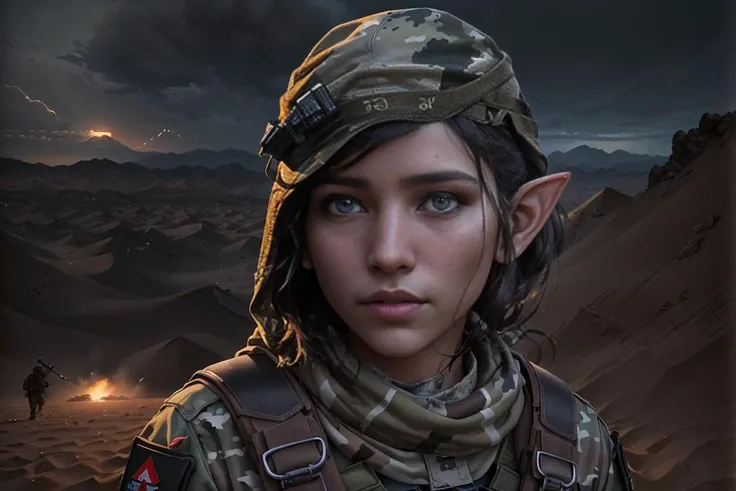 Masterpiece, best quality, realistic, (dramatic lighting:1.1), war photography, (gorgeous [elf|woman] preparing for a compound raid in Afghanistan desert), (wearing tactical US Army Uniform, OCP camo), ((perfect face)), pretty eyes, vivid details, 

((Global War on Terror)), (sand), ((dirty)), (mountains), grimy, grungy, (open desert:0.8), worried look, ominous atmosphere, an  A-10 Thunderbolt II is doing a lowpass flyby in the sky above,
natural lighting, HDR, 35mm film still, 8k, sharp focus, photorealistic, (hyperdetailed, intricately detailed), lifelike textures, cinestill 800, 8mm film grain, Black Hawk Down