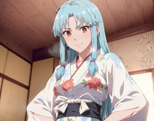 anime screencap, anime tsugumomo, girl kiriha, red eyes, angry smile, blue hairs, Masterpiece, best quality, realistic, colorful cinematic lighting, detailed background, dynamic pose, aggressive look, complex, RTX, (bloom:0.5), (lens flare:0.5), (intricate japan bedroom), 50mm prime lens, F/2.8 aperture, (highly detailed, hyperdetailed), hyper realistic, lifelike texture, photorealistic, 8k, sharp focus, unreal engine, ENB, cinestill 800