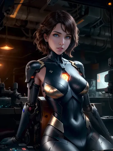 Masterpiece, cinematic lighting, best quality, realistic, film still, of (gorgeous artificial woman undergoing repairs), (perfect face), detailed eyes, sitting on operating chair, ripperdoc, wires, cables, circuitry, loose connections, soldering, (Futuristic M.I.T. advanced robotics laboratory), lifelike texture, film like,  operating light, vivid details, 3-point lighting, cool color temperature, by Oliver Wetter, and Lance Wilkinson, 50mm, F/2.8, sharp focus, hires, 8k, HDR, absurdres, cinematic film still from ex machina