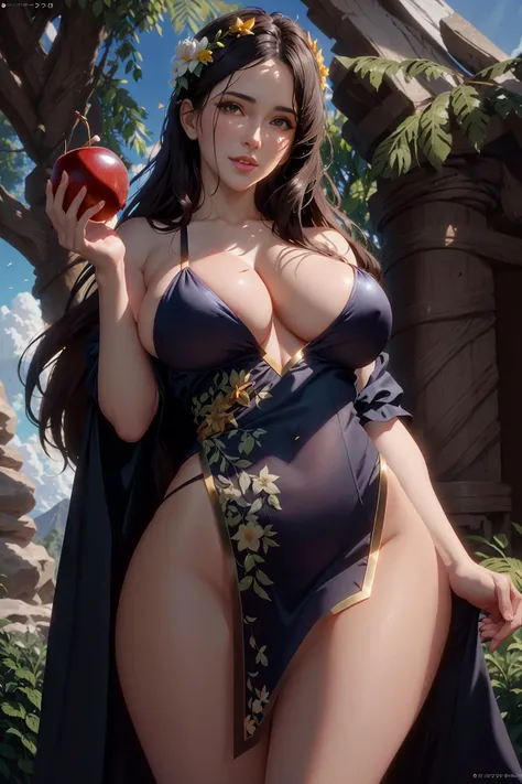 (malevolent), masterpiece, best quality, award-winning, realistic, medium closeup, portrait photo, of (effortlessly beautiful Greek goddess Eris with overflowing dark hair:1.2), ((holding golden apple)), ((perfect face)), alluring eyes, (wearing open front tunic), opulent,  (tempting viewer with her [supple|huge] breasts:1.3), vivid detail, (detailed skin), lifelike texture, (standing in [ancient|divine] garden of the gods on Mt Olympus:1.1), temptation, tranquility, vibrant colors, lush vegetation and trees,  dappled lighting, film like, 35mm film scan, photographed on a Fujifilm GFX 100, 120mm lens, F/2.8 aperture, sharp focus, (hyperdetailed, intricately detailed), photorealistic, artstation, cinestill 800, soft puffy clouds floating in the sky above, HDR, UHD, 8k, absurdres, by midjourney and greg rutkowski, rtx, unrealengine