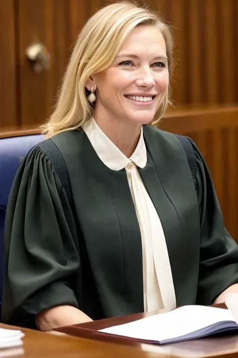 beautiful lawyer sks woman smiling at camera wearing court dress in courtroom, <lora:locon_cate_v1_from_v1_64_32:1>