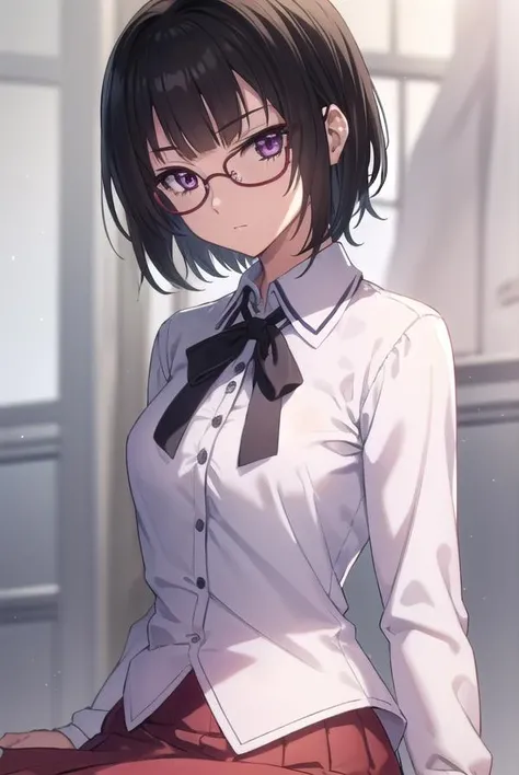 sounasitri, <lora:souna sitri anime s1-lora-nochekaiser:1>,
souna sitri, short hair, black hair, hair ornament, glasses, hairclip, bangs, blunt bangs, (purple eyes:1.1),
BREAK shirt, ribbon, school uniform, white shirt, black ribbon, neck ribbon, capelet, black capelet, long sleeves, skirt, red skirt,
BREAK indoors, classroom,
BREAK looking at viewer, (cowboy shot:1.5),
BREAK <lyco:GoodHands-beta2:1>, (masterpiece:1.2), best quality, high resolution, unity 8k wallpaper, (illustration:0.8), (beautiful detailed eyes:1.6), extremely detailed face, perfect lighting, extremely detailed CG, (perfect hands, perfect anatomy),