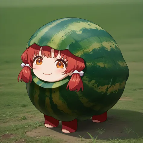 score_9, score_8_up, source_anime, Watamelon, no humans, creature, chibi, watermelon, all fours, mutsukiface, smile, closed mouth, red hair, twintails, orange eyes,<lora:ChamWatamelonPonyXL:1>, <lora:meme_mutsukiface_ponyXL:1>