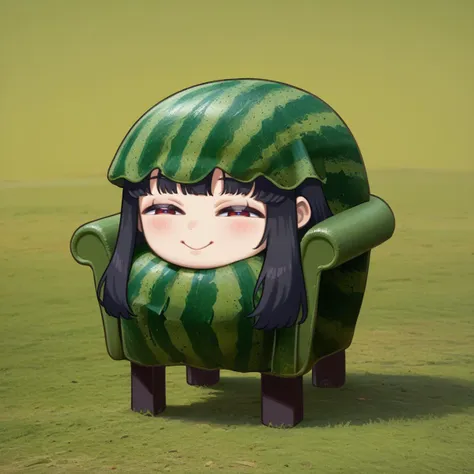 score_9, score_8_up, source_anime, Watamelon, smile, smug, half-closed eyes, no humans, creature, chibi, watermelon, all fours, black hair, long hair, red eyes, plastic chair, on chair, <lora:ChamWatamelonPonyXL:1.2>, <lora:PlasticChair_XLPD:0.8>