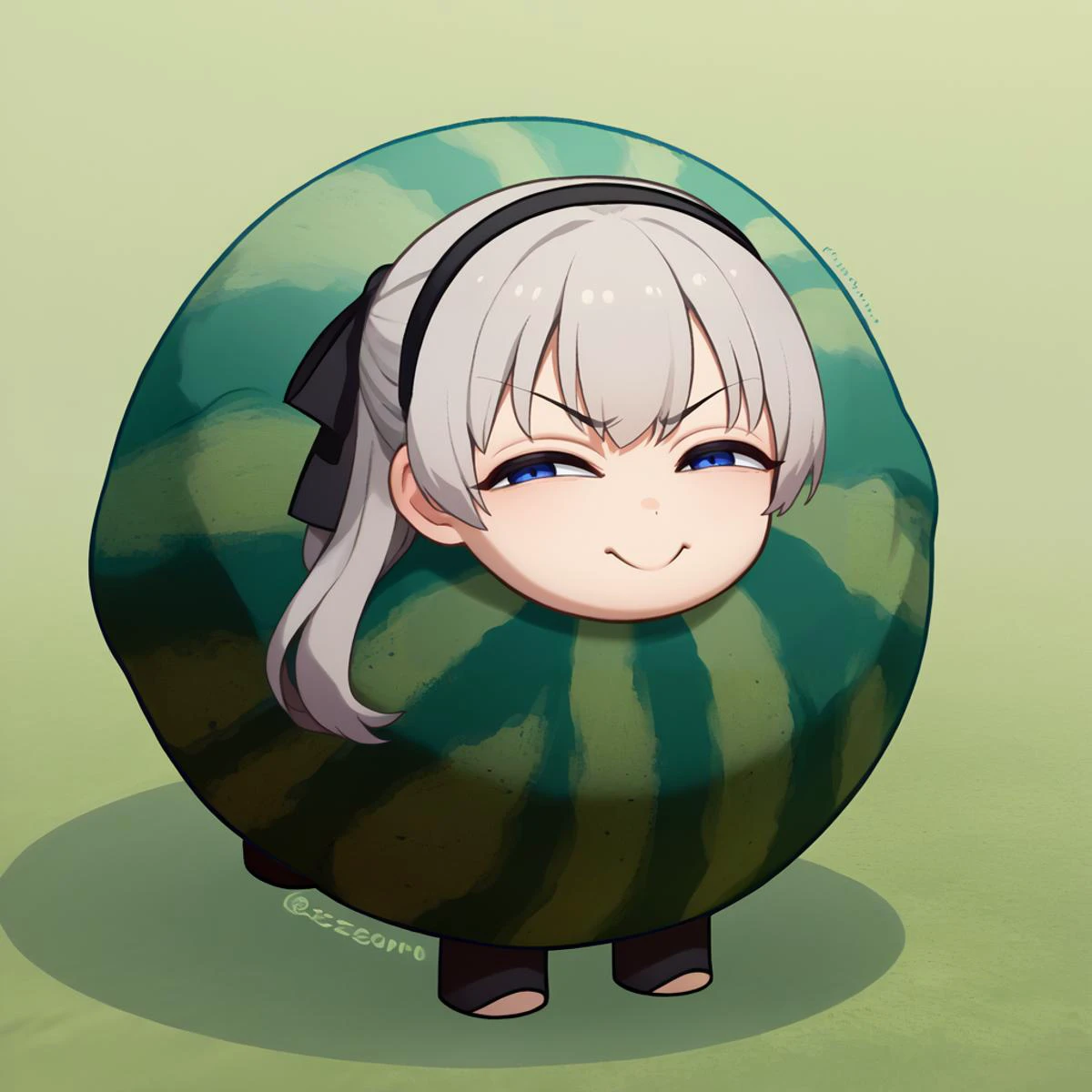 score_9, score_8_up, score_7_up, score_6_up, source_anime, 1girl, solo, <lora:ChamWatamelonPonyXL:1> Watamelon, smile, smug, half-closed eyes, no humans, creature, chibi, watermelon, all fours <lora:elie-pdxl-nvwls-v1:1> zeroElie, black hairband, grey hair, hair ribbon, long hair, annoyed, frown