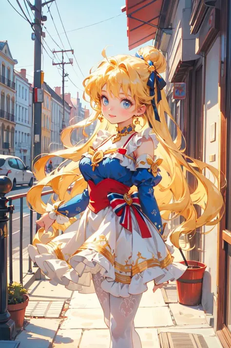 <lora:qq baby:0.9> blue and white theme,, ultra detailed, masterpiece, best quality, aesthetic, detailed,, solo, soft smile, light smile,
1girl, blue eyes, very long hair, blonde hair, long blonde hair, french braid, bangs, medium breasts,, hair ribbon, frilled choker, criss-cross halter, sleeveless dress, high-waist skirt, backless dress, waist bow, detached sleeves, frilled sleeves, wide sleeves, pantyhose, patterned legwear, mary janes,