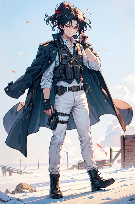 <lora:qq baby:0.8> white and blue theme,, ultra detailed, masterpiece, best quality, aesthetic, detailed,, solo, smug smile, 1boy, red eyes, <lora:Tsurime3:0.7>, (tsurime:1.2), black hair, undercut, top knot, parted bangs, long bangs, bangs, short hair, hair intakes, tall,, <lora:StS-Coat-and-Jacket-On-Shoulders-Iteration2:0.7> dataset, jacket on shoulders, (coat on shoulders:1.3), black coat, dress shirt, sleeves rolled up, fingerless gloves, holster, pants, belt, multiple belts, combat boots, bulletproof vest, tactical clothes,