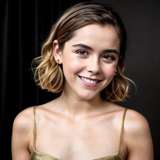a Realistic portrait of a kiernan shipka woman with brown eyes and short brown Hair style, looking at the viewer, detailed face, detailed eyes, (smiling showing teeth:1.1), perfect slim body, modelshoot style, wearing gold earrings and jewelry, soft lighting, professional Photography, Photorealistic, detailed, standing in a dark Studio Room background, blurred background, RAW, analog, sharp focus, 8k, HD, DSLR, high quality, Fujifilm XT3, film grain, award winning, masterpiece
<lora:kiernan shipka v1.0:0.8>