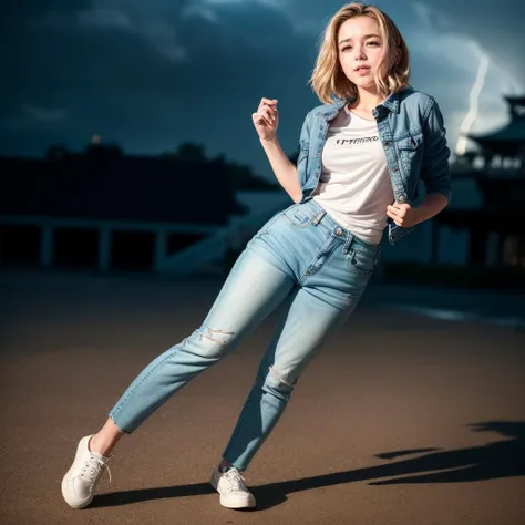 photo of a 18 year old girl,kiernan shipka,<lora:kiernan shipka v1.0:0.5>,standing,cute,happy,looking at viewer,(t-shirt:1.2),(open jacket:1.2),(denim pants:1.2),sneakers,__hairstylesAndColorWildcards_v10/woman_medium_hair_nvchangfa__,outdoor,windy,The Istana in Brunei,thunderstorm,night,spring,ray tracing,detail shadow,shot on Fujifilm X-T4,85mm f1.2,sharp focus,depth of field,blurry background,bokeh,motion blur,<lora:add_detail:1>,