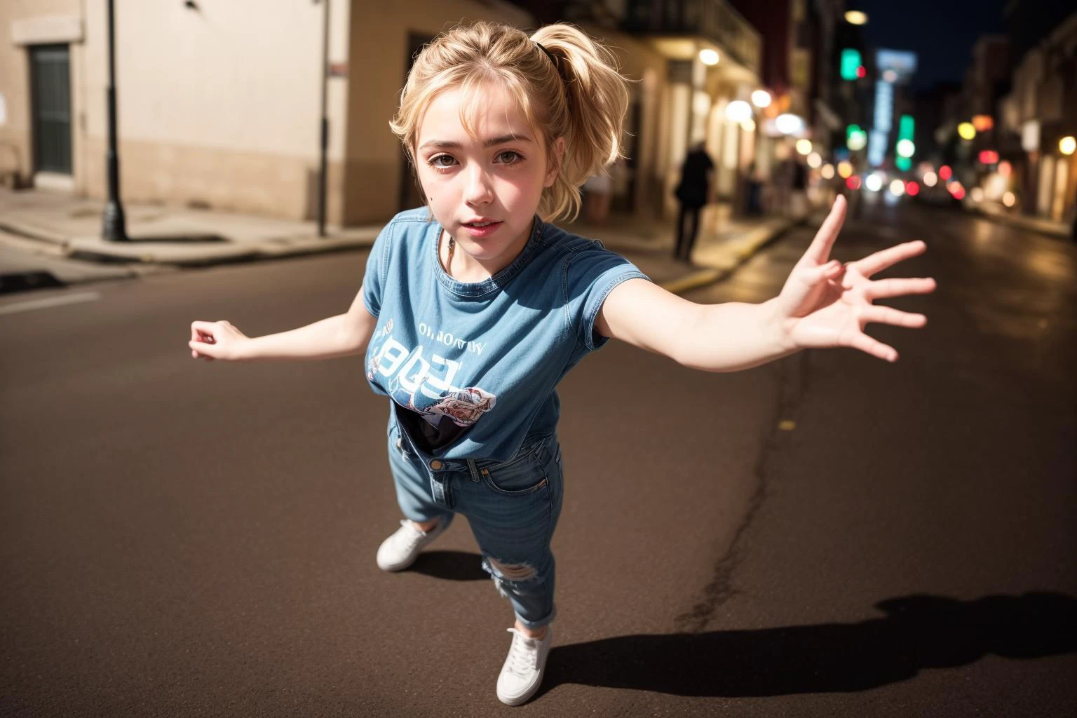 photo of a 18 year old girl,kiernan shipka,<lora:kiernan shipka v1.0:0.5>,standing,cute,happy,looking at viewer,(t-shirt:1.2),(open jacket:1.2),(denim pants:1.2),sneakers,blue hair,side ponytail,messy hair,outdoor,windy,Jazz Pub at New Orleans,sunny,daytime,autumn,ray tracing,detail shadow,shot on Fujifilm X-T4,85mm f1.2,sharp focus,depth of field,blurry background,bokeh,motion blur,<lora:add_detail:1>,