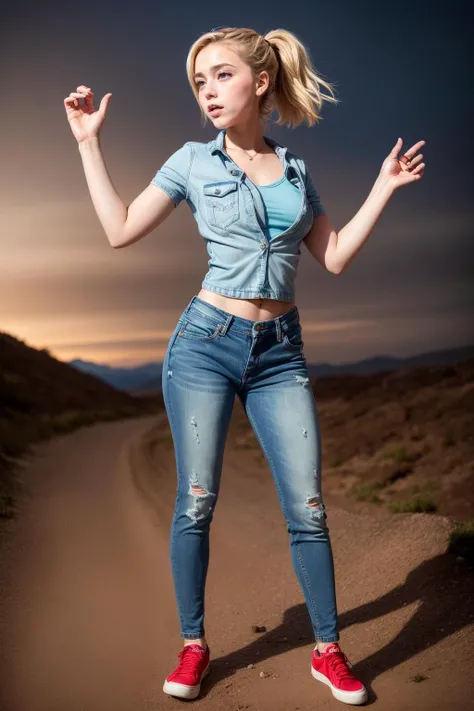 photo of a 18 year old girl,kiernan shipka,<lora:kiernan shipka v1.0:0.5>,standing,cute,happy,looking at viewer,(t-shirt:1.2),(open jacket:1.2),(denim pants:1.2),sneakers,bow ponytail,outdoor,windy,Hoggar Mountains in Algeria,thunderstorm,night,spring,ray tracing,detail shadow,shot on Fujifilm X-T4,85mm f1.2,sharp focus,depth of field,blurry background,bokeh,motion blur,<lora:add_detail:1>,