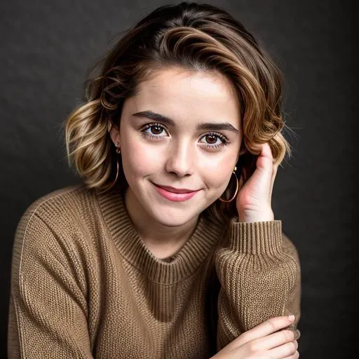 a Realistic photo of a kiernan shipka woman with brown eyes and short brown Hair style, full body. looking at the viewer, detailed face, detailed eyes, (smiling showing teeth:1.1), perfect slim body, modelshoot style, wearing a sweater and denim jeans, wearing gold earrings and jewelry, soft lighting, professional Photography, Photorealistic, detailed, standing in a dark Studio Room background, blurred background, RAW, analog, sharp focus, 8k, HD, DSLR, high quality, Fujifilm XT3, film grain, award winning, masterpiece
<lora:kiernan shipka v1.0:0.8>