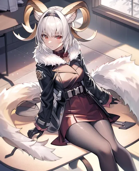 ((masterpiece)), best quality, solo
1girl, sitting, red_skirt, fur_collar, fur_dark_coat, pantyhose, hair_band,
best_sunlight_effect,
ray_tracing,
lens_flare, best_light_and_shadow,
<lora:ArknightsCarnelian0318plus:0.85>