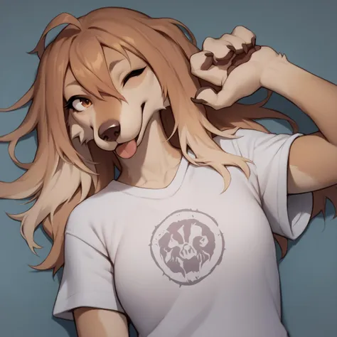 score_9, score_8_up, score_7_up, furry, 1girl, saluki, t-shirt, blep, long hair, bangs, hair between eyes, one eye closed, tongue, <lora:SalukiPonyXL:1>