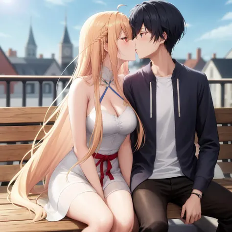 1girl, 1boy, alice, iska, couple, sitting, on bench, kiss, town, dress, casual, <lora:Aliceliese2:1>,, , highres, absurdres,