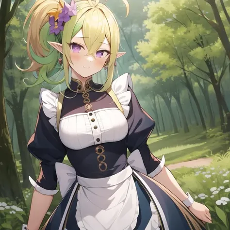 <lora:7thRoadWitch-09:0.6>, (extremely detailed:1.3),(highly detailed:1.2),(best quality:1.2),(masterpiece:1.2), 7thRoadWitch, 1girl, solo, medium breasts, long hair, blonde hair, green hair, purple eyes, pointy ears, side ponytail, ahoge, hair between eyes, duel monster, jewelry, maid uniform, outside, flowers, forest, trees, flower crown, skirt, looking at viewer
