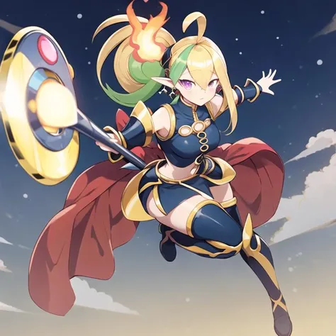 <lora:7thRoadWitch-09:1>, (extremely detailed:1.3),(highly detailed:1.2),(best quality:1.2),(masterpiece:1.2), 7thRoadWitch, 1girl, solo, medium breasts, long hair, blonde hair, green hair, purple eyes, pointy ears, side ponytail, ahoge, hair between eyes, duel monster, jewelry, skirt, thighhighs, holding, ponytail, boots, detached sleeves, thigh boots, fire, holding staff, staff, black dress, clothing cutout, navel cutout, red bow, outside, dynamic poses, full body