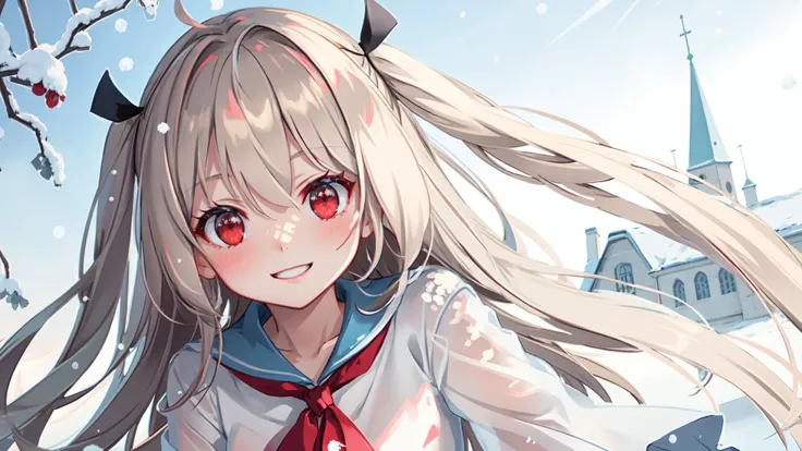 cute girl, smile face , red eyes, (white dress:1.1), morning, (outdoors, snowfall:1.1), <lora:atri:0.75>, (best quality:1.1), (masterpiece:1.2), high quality shadow, beautiful detailed, (high detailed skin, skin details), detailed eyes, depth of field, dramatic light, best shadow, best illumination,