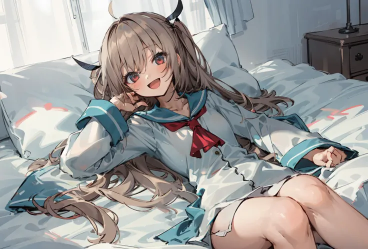 masterpiece, best quality, ultra detail,(1girl), bed,reclining ,:d, arm support, white sleeves