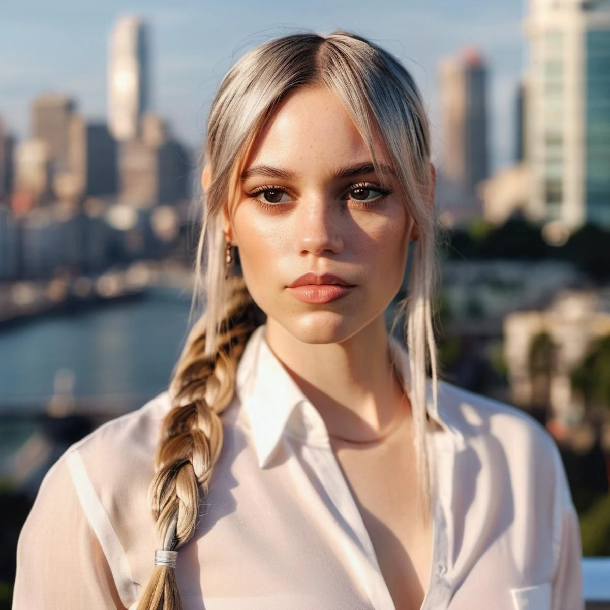 (Skin Texture, pores, natural,iPhone,RAW), natural lighting, Highest Quality (closeup) Portrait photo of a woman with long braided platinum blonde hair, Nikon Z9, realistic matte skin, blurry city in the background, 8K, ((looking straight at the camera)), jenxortega, <lora:jenortega_juggerX_xl_1_st_wocap_merger_43prev_24_39_05_03_02-jenxortega:1>