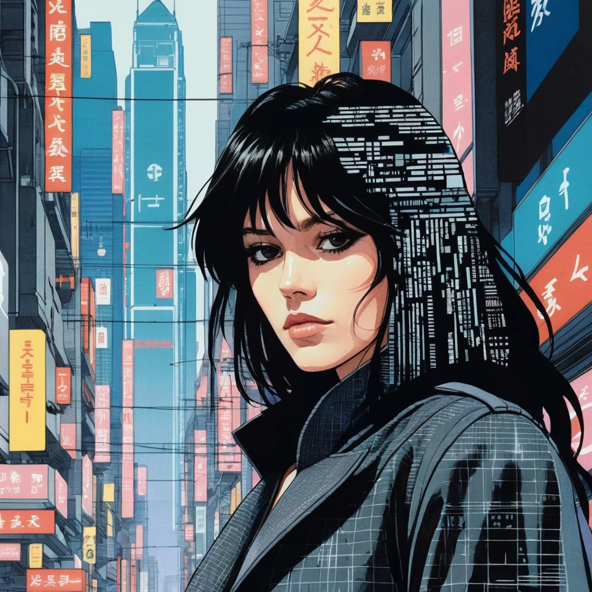 ((90s Anime style illustrattion)) drawing of a closeup on face of woman wearing a long matrix coat,futuristic city in the background, akira, 2D, jenxortega, <lora:jenortega_juggerX_xl_1_st_wocap_merger_43prev_24_39_05_03_02-jenxortega:1>