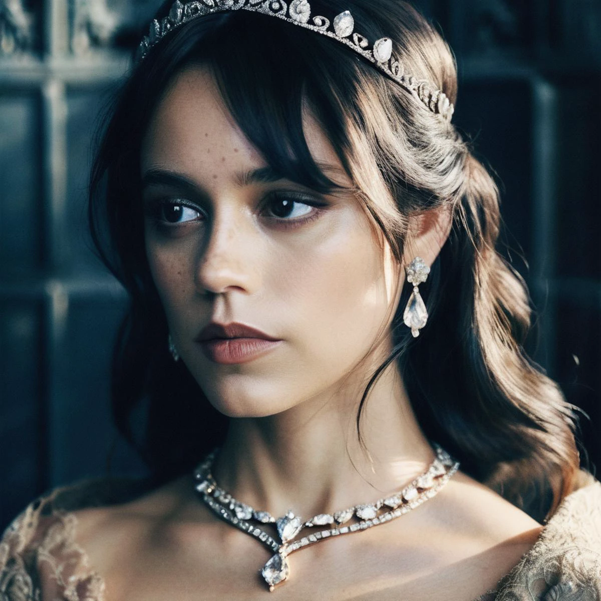(Skin texture),High quality closeup face portrait photo, analog, film grain, actress dressed as a medieval queen with a delicate diamond tiara,regal, jenxortega, <lora:jenortega_juggerX_xl_1_st_wocap_merger_43prev_24_39_05_03_02-jenxortega:1>