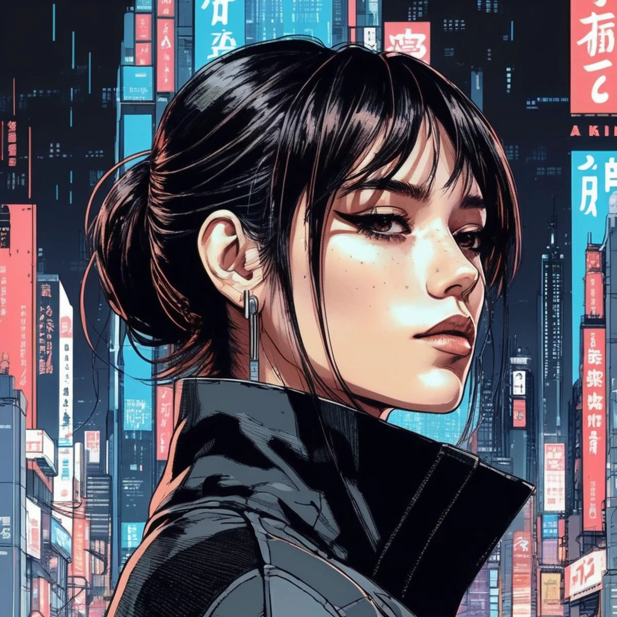 ((90s Anime style illustrattion)) drawing of a closeup on face of woman wearing a long matrix coat,futuristic city in the background, akira, 2D, jenxortega, <lora:jenortega_juggerX_xl_1_st_wocap_merger_43prev_24_39_05_03_02-jenxortega:1>