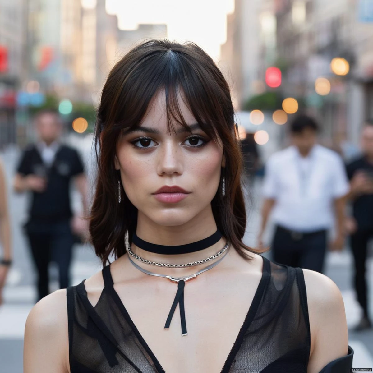 (Skin Texture, pores, natural,iPhone,RAW), natural lighting, Highest Quality closeup Portrait photo of a pretty woman,black thin choker, clear lipgloss, Nikon Z9, realistic matte skin, blurry city in the background, 8K, symmetric, whole face, jenxortega, <lora:jenortega_juggerX_xl_1_st_wocap_merger_43prev_24_39_05_03_02-jenxortega:1>