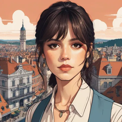 Studio ghibli style illustration of the face of a woman looking at the viewer with a victorian city square in the background,  jenxortega,  <lora:jenortega_juggerX_xl_1_st_wocap_merger_43prev_24_39_05_03_02-jenxortega:1>