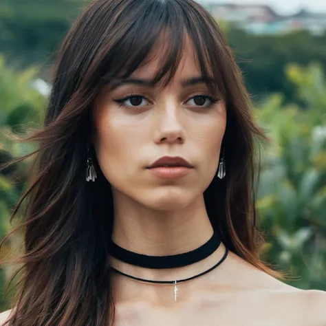 Skin texture, no makeup, Super high res closeup portrait photo of a stunning woman outdoors with straight hair, wearing a small string choker around her neck,f /2.8, Canon, 85mm,cinematic, high quality,looking at the viewer,  jenxortega,  <lora:jenortega_juggerX_xl_1_st_wocap_merger_43prev_24_39_05_03_02-jenxortega:1>