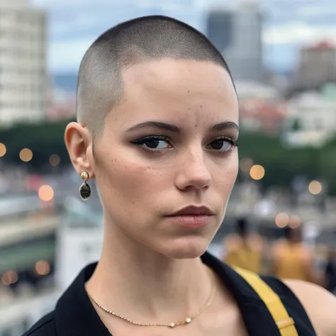 Buzzcut, no hair, bald, (Skin Texture, pores, natural,iPhone,RAW)), natural lighting, Highest Quality closeup Portrait photo of a woman wearing no makeup with a ((buzzcut)), Nikon Z9, realistic matte skin,  blurry city in the background, 8K,  jenxortega,  <lora:jenortega_juggerX_xl_1_st_wocap_merger_43prev_24_39_05_03_02-jenxortega:1>