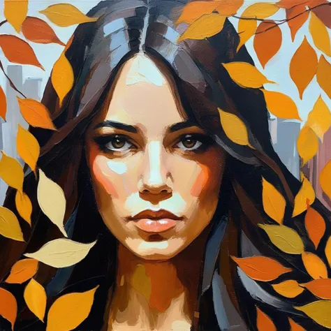 (Abstract) sketch of a woman in the fall season, oil on canvas,  jenxortega,  <lora:jenortega_juggerX_xl_1_st_wocap_merger_43prev_24_39_05_03_02-jenxortega:1>