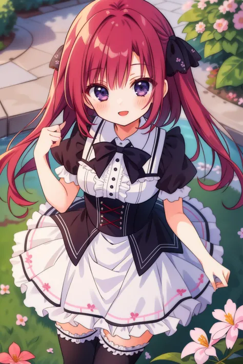 1girl in flowers, short petite, red hair, frilled dress, collared dress, frilled thighhighs, detailed embroidery, smile, botanical garden, outdoors,
from above,
<lora:inkr_v1:0.8> inkr,, masterpiece, highres, high quality, manga illustration,