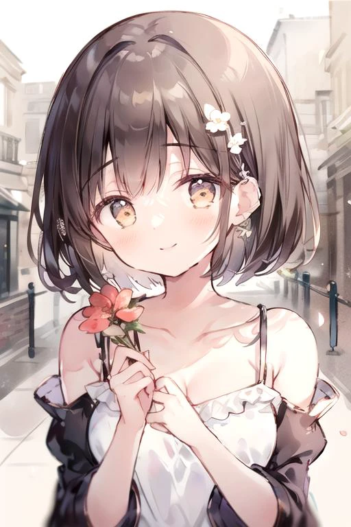 (masterpiece, best quality), 1girl, brown hair, bob cut, brown eyes, eyebrows_visible_through_hair, bangs, blush, smile, perky medium breasts, cleavage, halterneck, white camisole, bare_shoulders, collarbone, detached_sleeves,white background, upper body, (holding bouquet), blue pink white flowers, gomzi <lora:try2:0.6> <lora:gomiz:0.8>