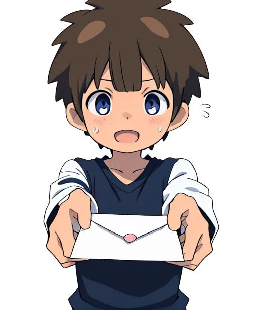 <lora:tachimukaiyuuki:1> (masterpiece, best quality, absurdres), ultra detailed, intricate details, beautiful, tachimukai_yuuki, 1boy, solo, child, :D, cowboy_shot, casual, white_shirt, t-shirt, short_sleeves, brown_hair, blue_eyes, head_tilt, flying_sweatdrops, simple_background, white_background, envelope, pov, love letter <lora:loveletterv3:1>
