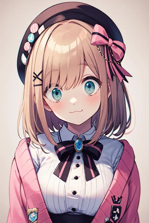 masterpiece, best quality, highres, hmsl1, beret, x hair ornament, medium hair, pink bow, large breasts, jewelry, pink cardigan, brooch, white shirt, vertical-striped skirt, <lora:suzuhara_lulu_v10:0.7>, (portrait:1.2), standing, smile, <lora:surprised_v100:1>, (:3:1.2), closed mouth,