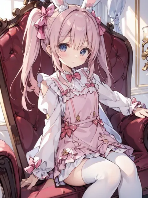ichiban iiewo tanomu,(close up:1.5),((highly detailed illustration of sitting on sofa)),((detailed room)), cyb dress, frilled dress, layered dress, long sleeves, rabbit ears, hair bow ,looking at viewer,body forward front then arms behind back ,ygirl,<lora:sweet_attire_style2_v1:0.4> <lora:1_ygirl:0.5>