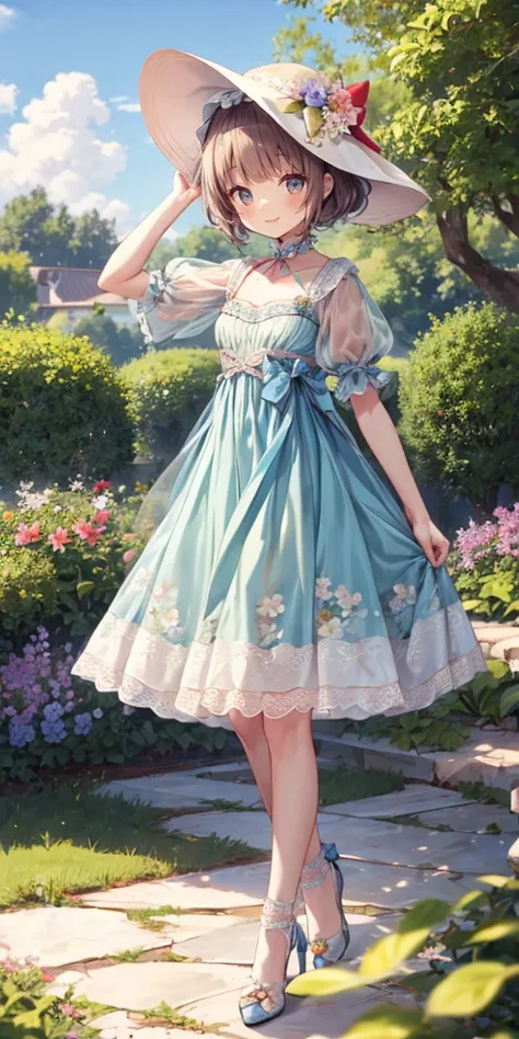 (masterpiece,ultra-detailed,best quality,8K,illustration,perfect-composition:1.0),(kawaii,ite girl:1.0) <lora:add_detail:1> <lora:Outfit_CottageCore:0.6> Prompt with c0tt4g3, (cincher), sun hat, floral print, lace, bow, short puffy sleeves,see-through,garden,flower,sky,