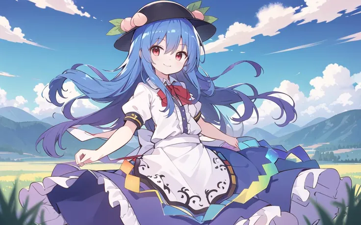(lover's smile),Natural smile,friendly smile,
1girl, black headwear, blue hair, blue skirt, long skirt,bow, bowtie, cloud, cowboy shot, frills, grass, hat,( hinanawi tenshi), leaf, long hair, looking at viewer, mountain, outdoors, peach, puffy short sleeves, puffy sleeves, red bow, red bowtie, red eyes, short sleeves, skirt,(solo:1.2), standing, very long hair,
best quality,ultra-detailed,8k detail wallpaper,Fantastic illustrations,dynamic angle,drastic angle,
sky, blue sky, cloudy sky, floating island, day,masterpiece,
<lora:output_name:0.7><lora:tenshihinanawi:0.6><lora:nekotoufu_style_v1:0.08><lora:Prima doll retzel :0.07> <lora:colorify:0.35>