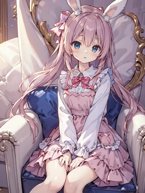 ichiban iiewo tanomu,(close up:1.5),((highly detailed illustration of sitting on sofa)),((detailed room)), cyb dress, frilled dress, layered dress, long sleeves, rabbit ears, hair bow ,looking at viewer,body forward front then arms behind back ,ygirl,<lora:sweet_attire_style2_v1:0.4> <lora:1_ygirl:0.8>