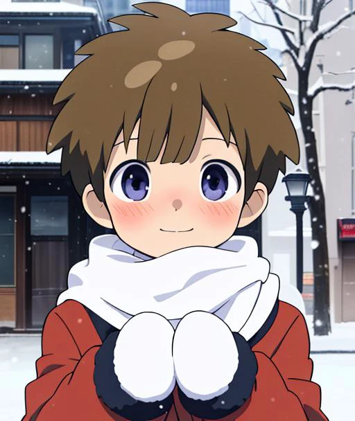 <lora:tachimukaiyuuki:1> (masterpiece, best quality, absurdres:1.2), tachimukai_yuuki, 1boy, solo, child, closed_mouth, smile, blush, mittens, snowing, city, scarf, breath, winter_clothes