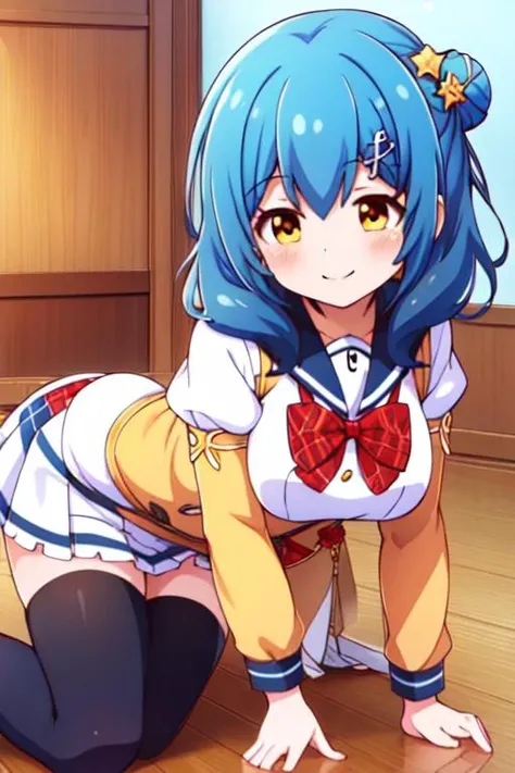 <lora:Kunieda-Shiho-2-10:0.8> (kuniedashiho, kuniedashihoalt:1.5),single side bun, blue hair, hair between eyes, star hair ornament, hairclip, musical note hair ornament, medium hair, yellow eyes,sailor dress, white dress, brown sailor collar, red bowtie, plaid bowtie, long sleeves, juliet sleeves, puffy sleeves, frilled skirt, black thighhighs, school uniform <lora:farusaria:0.1> farusaria, (indoors:1.5),vigor,motion,(light smile),lying,((woman:1.5))