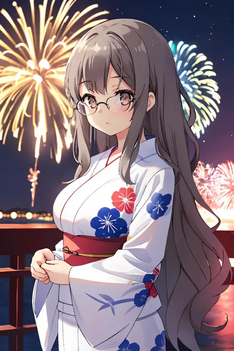 cinematic photo, 
1girl,  in beach, fireworks in night sky, 
<lora:ftb_rio_v1:0.7>, ftb, long hair, sidelocks, large breasts, glasses, 
japanese clothes, yukata,,
35mm photograph, film, bokeh, professional, 4k, highly detailed,