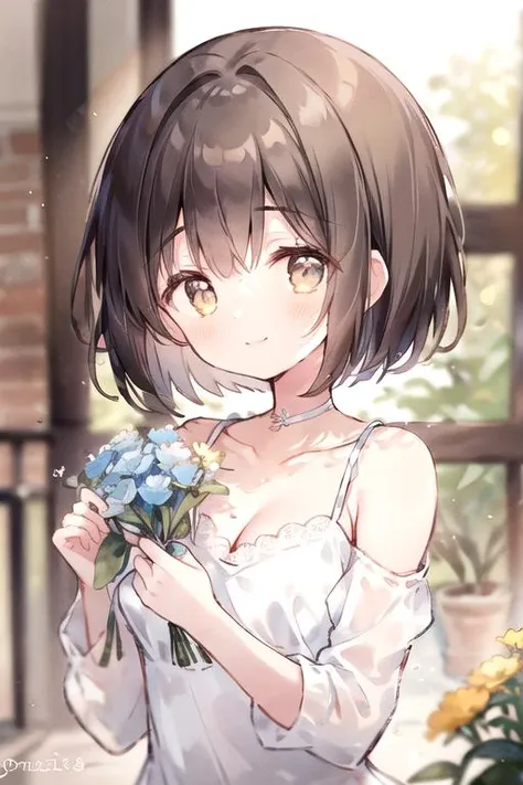 (masterpiece, best quality), 1girl, brown hair, bob cut, brown eyes, eyebrows_visible_through_hair, bangs, blush, smile, perky medium breasts, cleavage, halterneck, white lace trim dress, bare_shoulders, collarbone, detached_sleeves,white background, upper body, (holding bouquet), blue pink white flowers, gomzi <lora:try2:0.6>  <lora:gomiz:0.8>