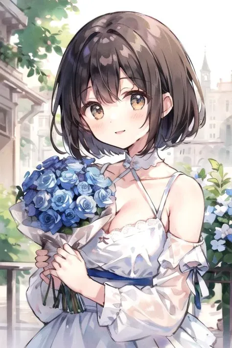 (masterpiece, best quality), 1girl, brown hair, bob cut, brown eyes, eyebrows_visible_through_hair, bangs, blush, smile, perky medium breasts, cleavage, halterneck, white lace trim dress, bare_shoulders, collarbone, detached_sleeves,white background, upper body, (holding bouquet), blue pink white flowers, <lora:try2:0.6>