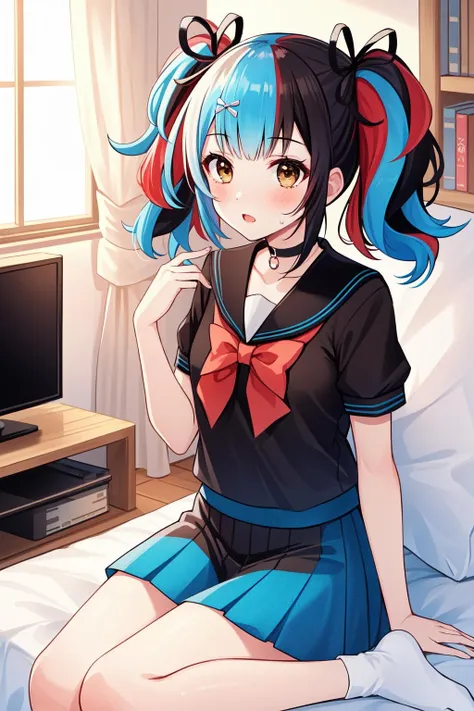 (masterpiece, best quality),  intricate details,
1girl,      <lora:seishounagon-lyco-nochekaiser:0.8> sei shounagon, aqua hair, black hair, blunt bangs, multicolored hair, red hair, twintails, (brown eyes:1.5),, black sailor collar, black shirt, black skirt, choker, pleated skirt, puffy sleeves, sailor collar, shirt, skirt, bow, red bow,
indoors, bedroom, gaming, controller, sweating, bean bag, games, tv, playstation,